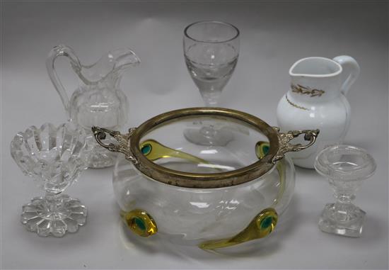 A Loetz style plate mounted glass bowl and five other items of glassware